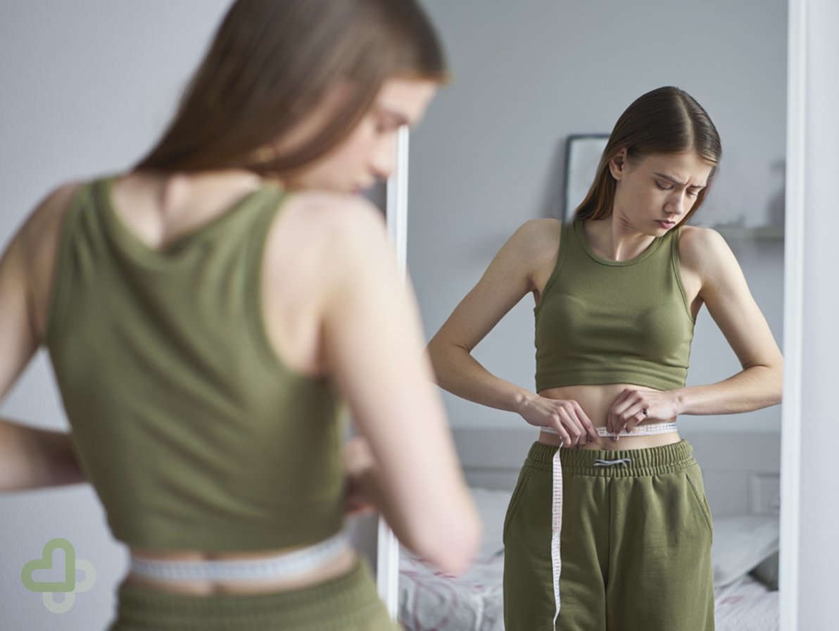 Девушка измеряет талию